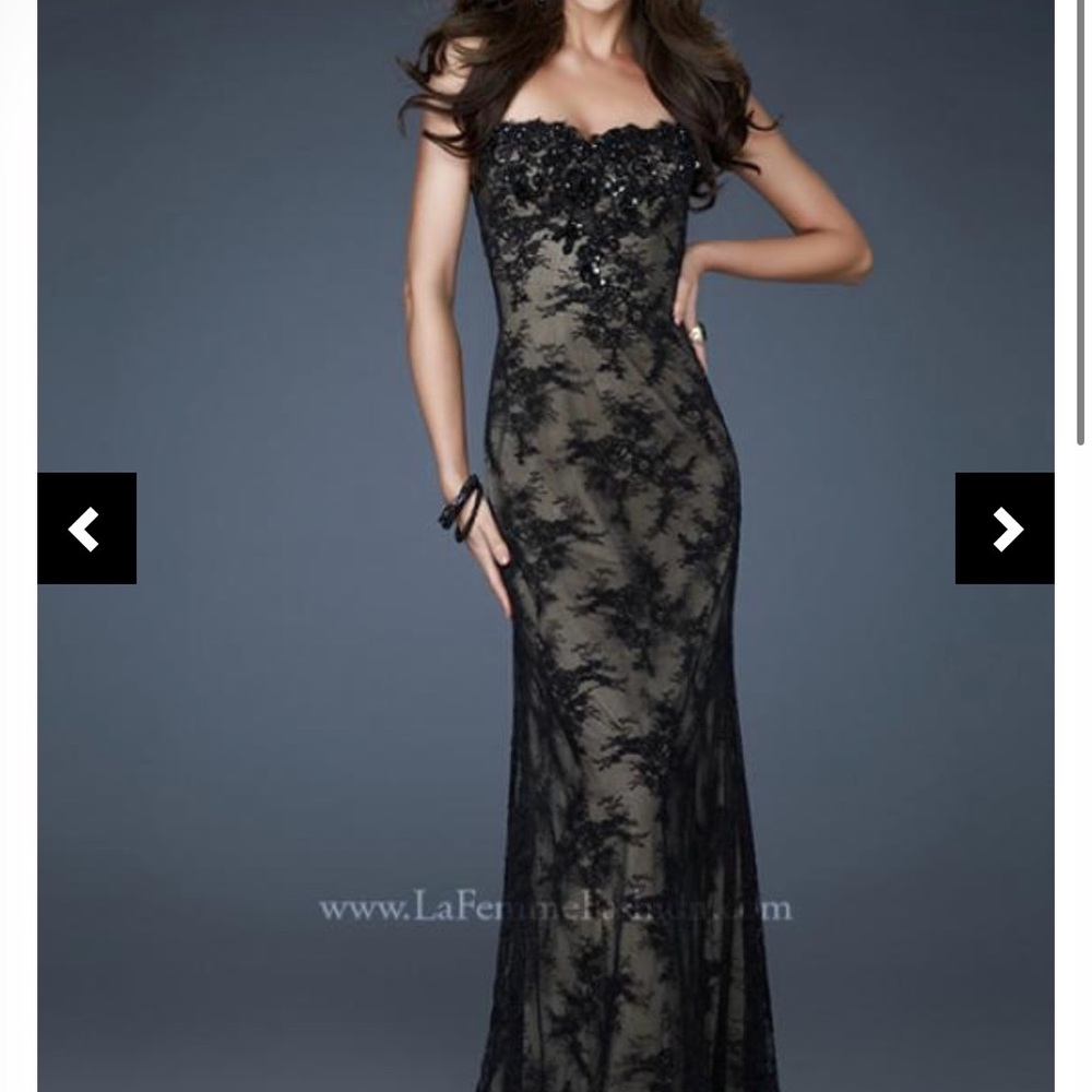 La Femme Black Lace Strapless Evening Gown